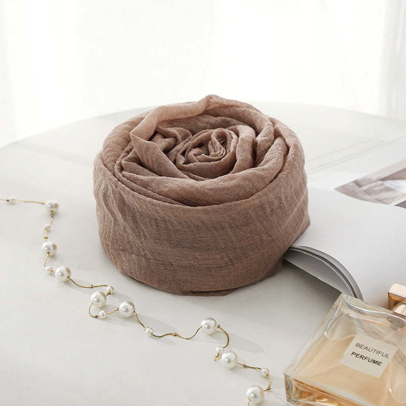 New Korean Style Pleated Solid Color Short Beard Cotton And Linen Scarf Female Muslim Monochrome Scarf Cross-border Hot Sale Air Shawl