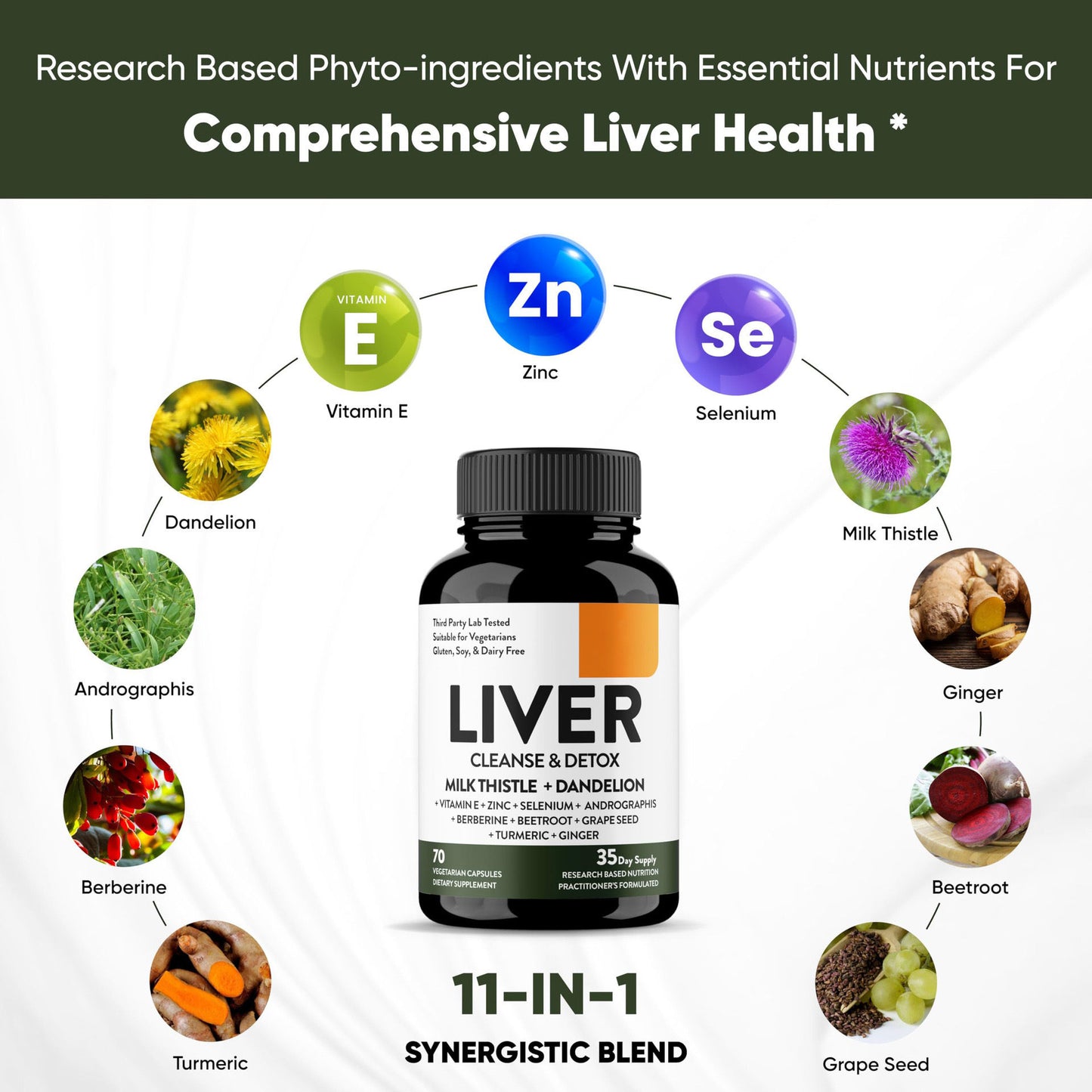 Liver Cleanse & Detox Supports 11 IngredientBlend Milk Thistle, Dandelion, Turmeric, GingerExtract, Beet, Zinc, Vitamin E, Selenium, GrapeSeed. liver detox vitamin liver