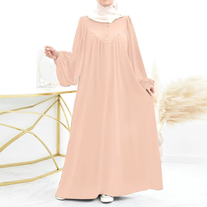 Cross-border New Muslim Women's Robe Spring And Autumn Fashion Casual Puff Sleeve Simple Solid Color Dress Long Dress
