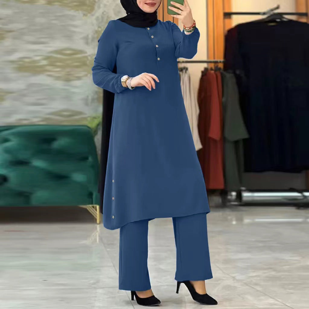 Quality 2023 New Middle Eastern Muslim Solid Color Long Sleeve Side Seam Decorative Wooden Buckle Rubber Waist Women Suit In Stock