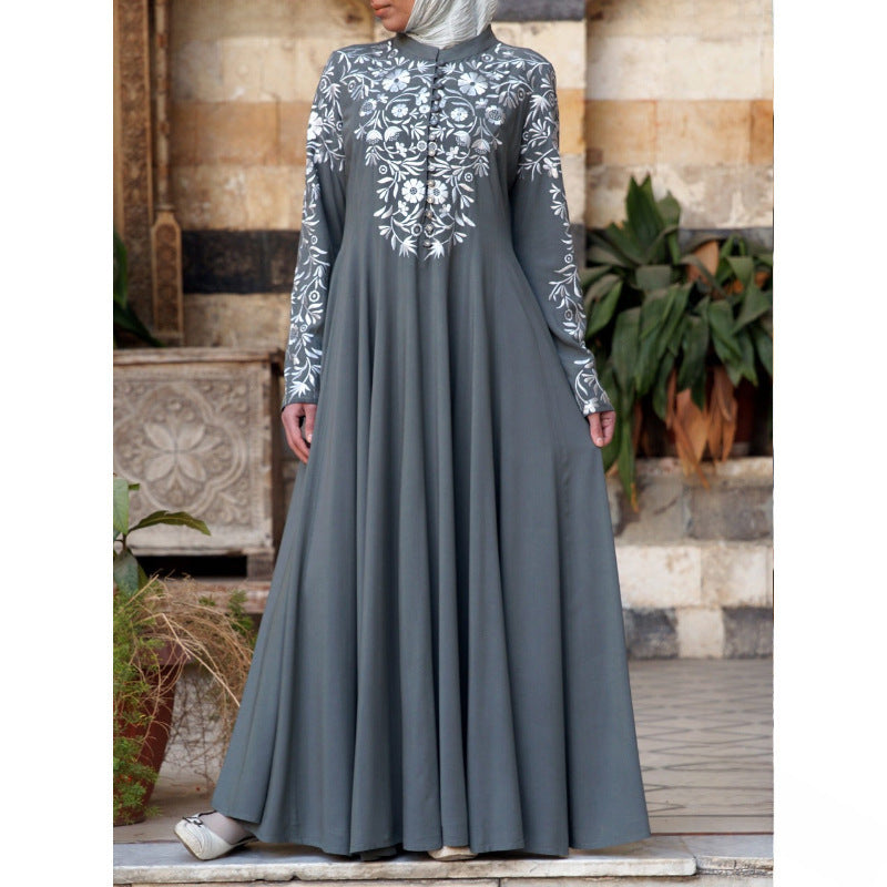 2023 New Cross-border Supply Wish Muslim Women's Long Sleeve Collar Printed Large Swing Skirt Ethnic Style PP1491