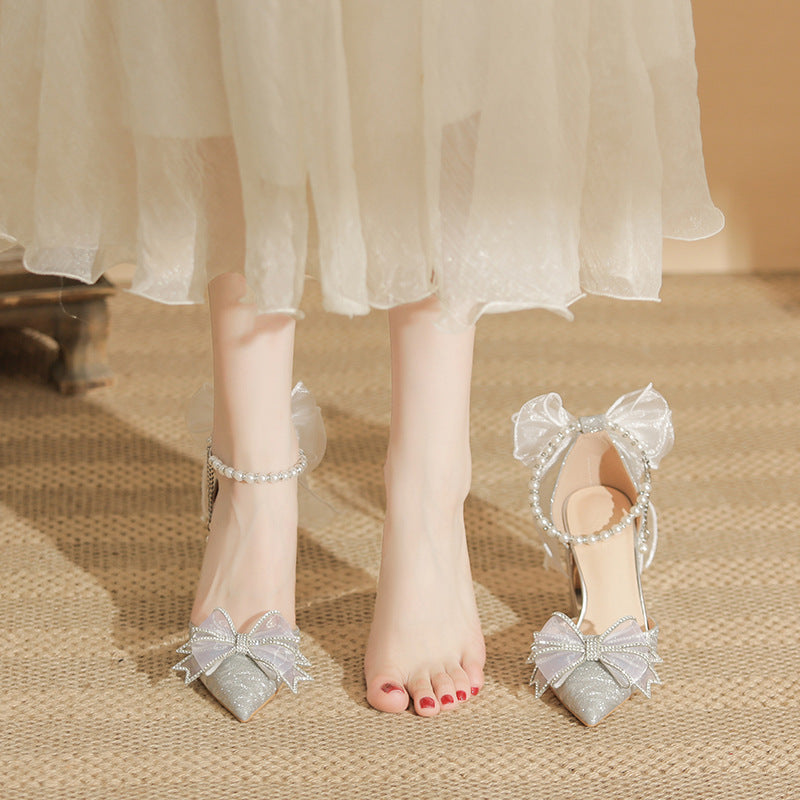 2024 Spring New Pointed High Heel Shoes Women's Chunky Heel Silver Sequined Fairy Style Temperament Plus Size Single-layer Shoes
