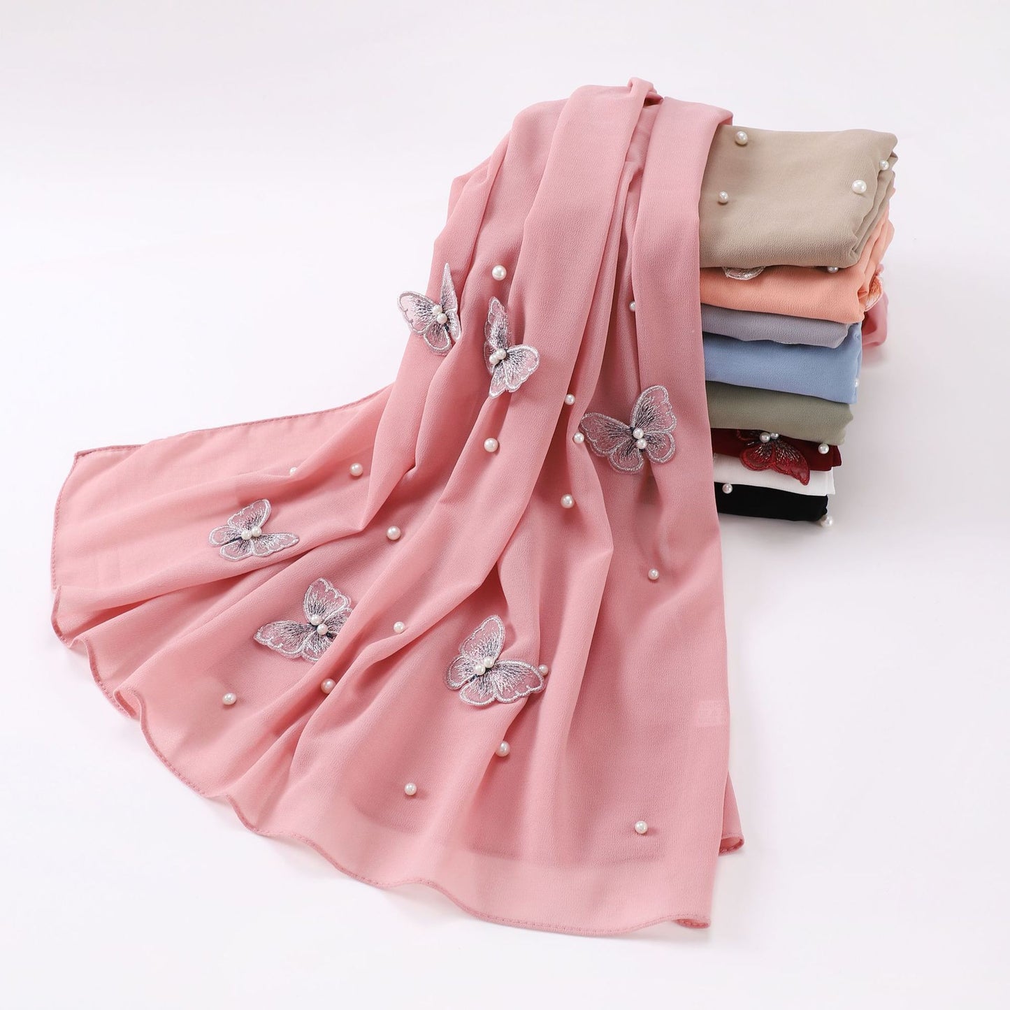 Cross-border Live Broadcast Can Send Pearl Chiffon Three-dimensional Butterfly Flower Nail Bead Scarf Hui Scarf Middle East Saudi Scarf