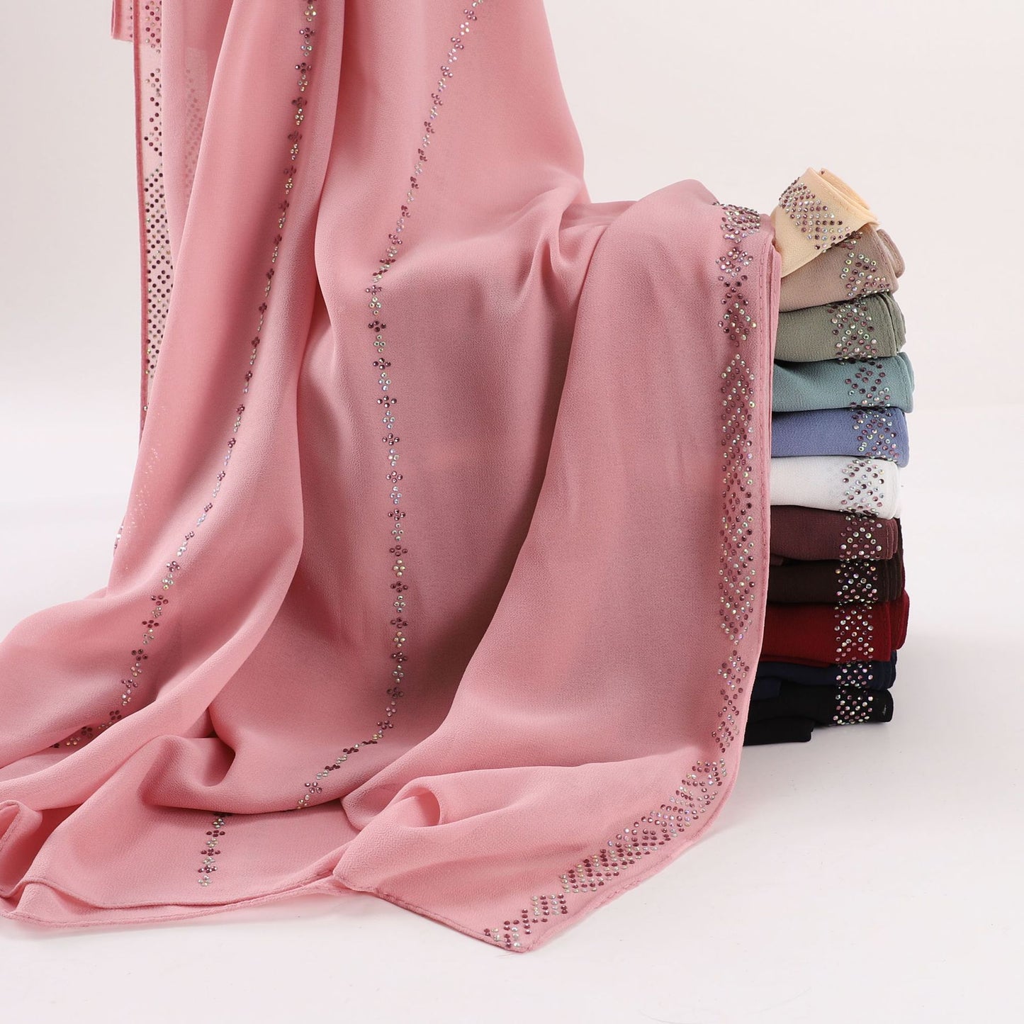 Cross-border Live Broadcast New Pearl Chiffon Long Scarf Line Rhinestone Hui Gauze Middle East African Scarf Hijab