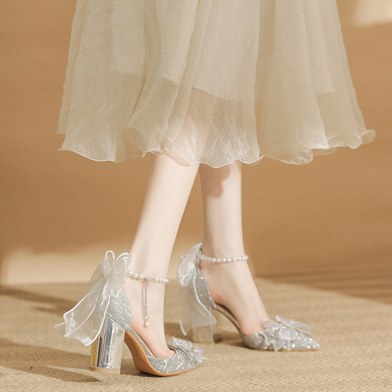 2024 Spring New Pointed High Heel Shoes Women's Chunky Heel Silver Sequined Fairy Style Temperament Plus Size Single-layer Shoes