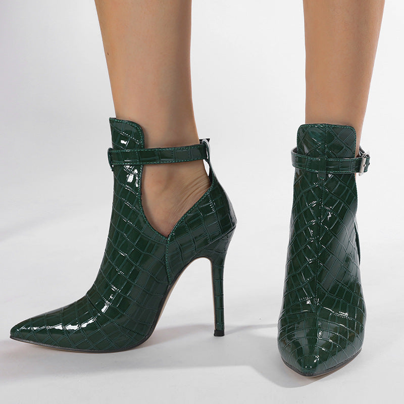 Cross-border 2025 European And American Foreign Trade New Women's Shoes Pointed Hollow Thin-heel One-word Buckle Cold Boots Design Sense Belt Buckle