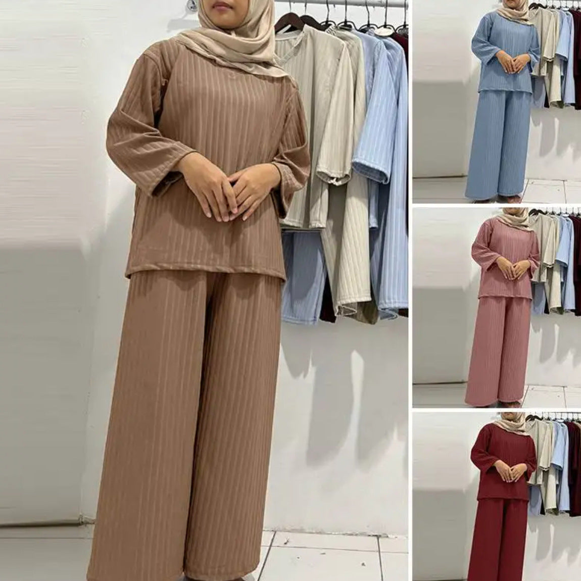 2024 New Pure Color Fine Pit Strip Fashionable Raglan Long-sleeved Knitted Suit Top And Pants Two-piece Set