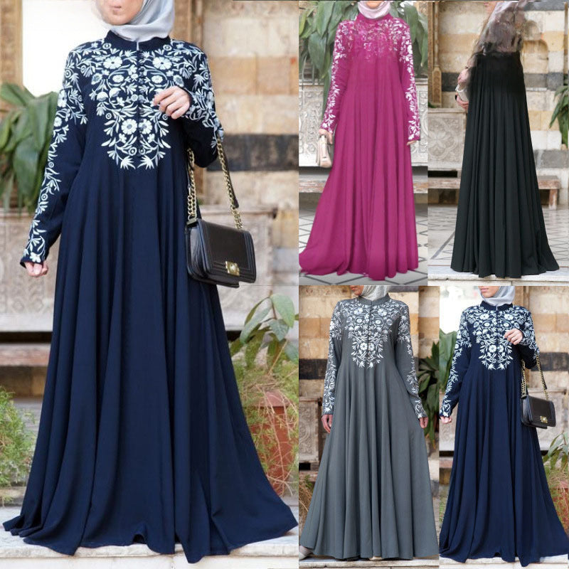 2023 New Cross-border Supply Wish Muslim Women's Long Sleeve Collar Printed Large Swing Skirt Ethnic Style PP1491