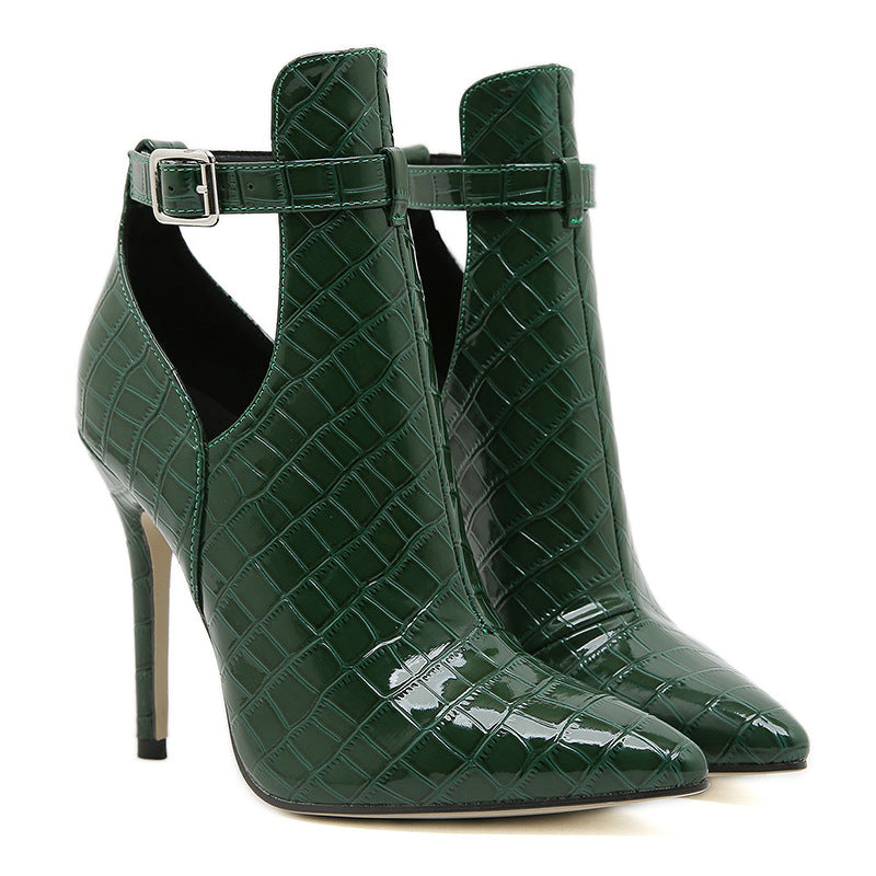 Cross-border 2025 European And American Foreign Trade New Women's Shoes Pointed Hollow Thin-heel One-word Buckle Cold Boots Design Sense Belt Buckle