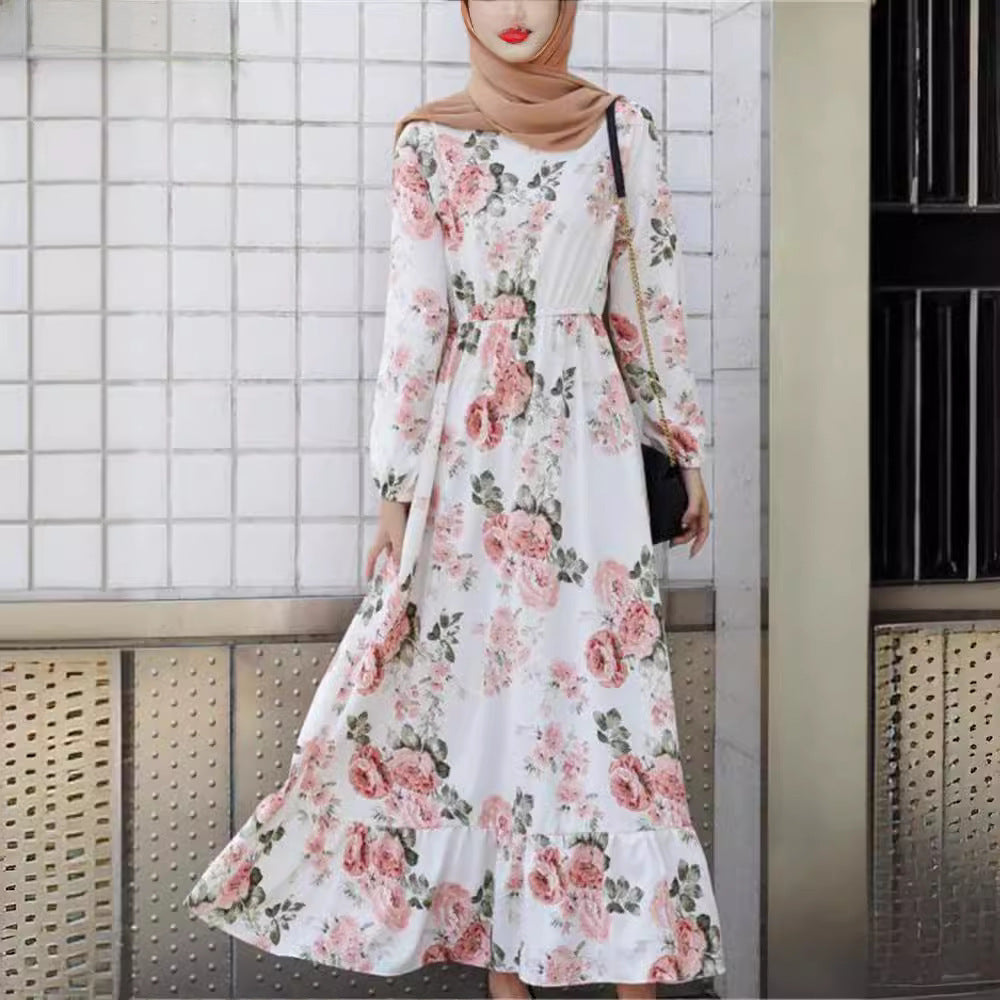 2023 Foreign Trade Amazon AliExpress Best Selling European And American Women's Dress Muslim Waist Slimming Floral A- Line Skirt