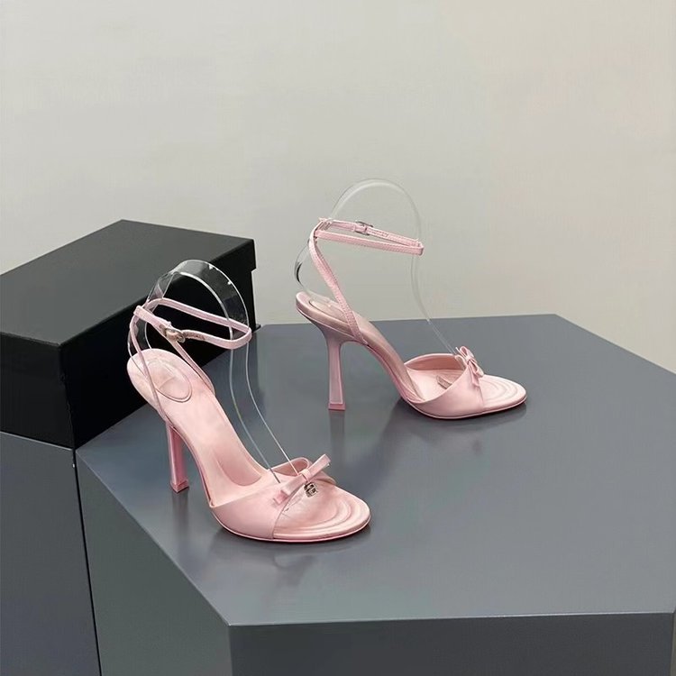 2024 Summer New Bow Satin High Heels Women's Sexy Rhinestone Stiletto Heel Open Toe Sandals Black Pink