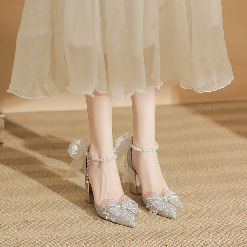 2024 Spring New Pointed High Heel Shoes Women's Chunky Heel Silver Sequined Fairy Style Temperament Plus Size Single-layer Shoes