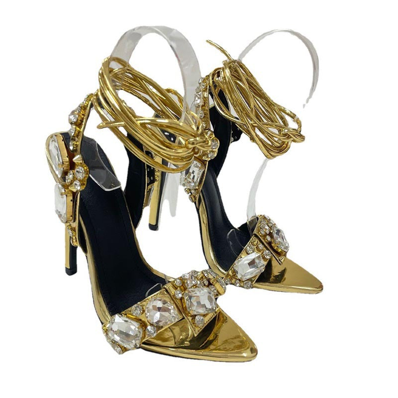 Foreign Trade New European And American Fashion Sexy Diamond Pointed Toe Strap Super High Heel Large Size Women's Sandals