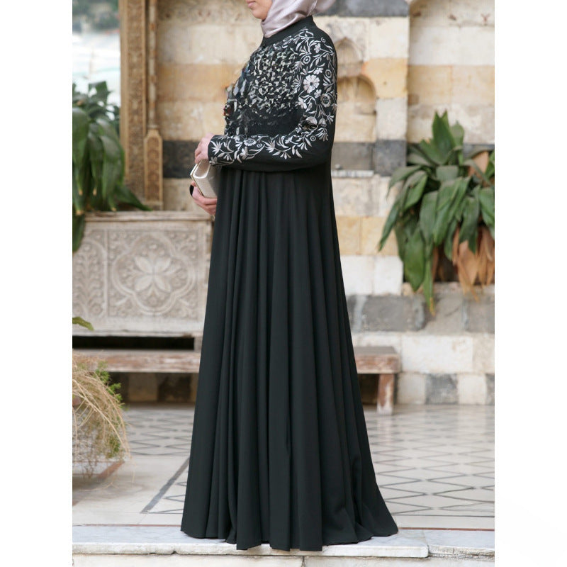 2023 New Cross-border Supply Wish Muslim Women's Long Sleeve Collar Printed Large Swing Skirt Ethnic Style PP1491