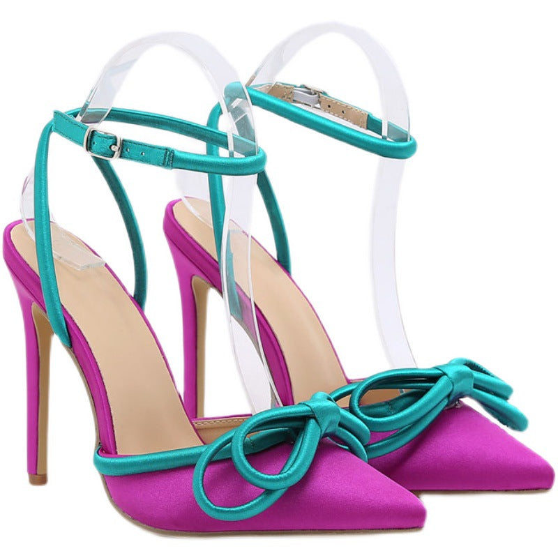 European And American Foreign Trade Fashion Color-matching Bow Pointed Toe Thin-heeled Single-layer Shoes Satin Toe Hollow Strap High-heeled Sandals For Women
