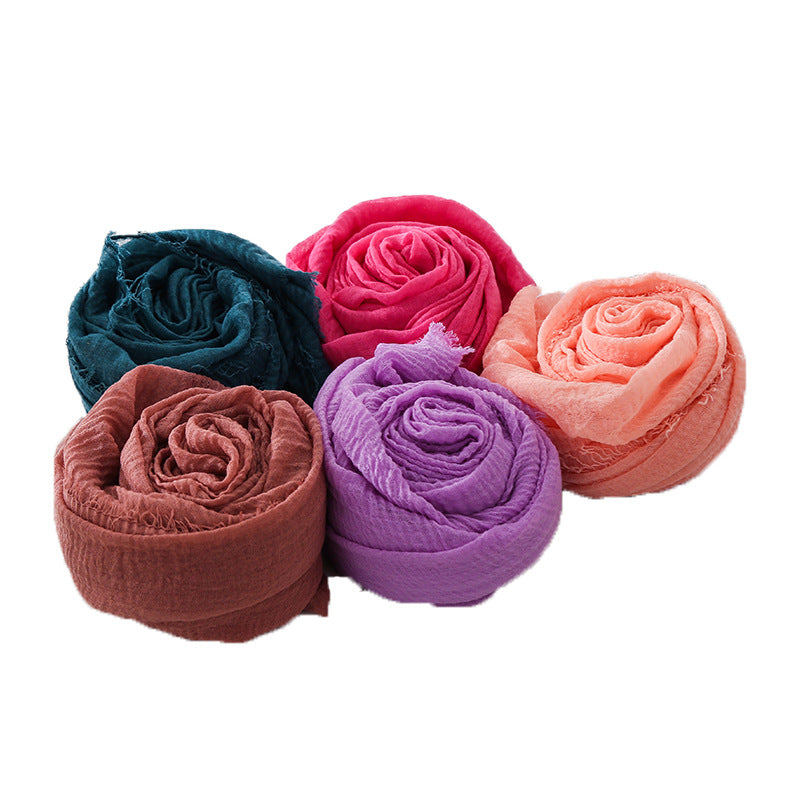New Korean Style Pleated Solid Color Short Beard Cotton And Linen Scarf Female Muslim Monochrome Scarf Cross-border Hot Sale Air Shawl