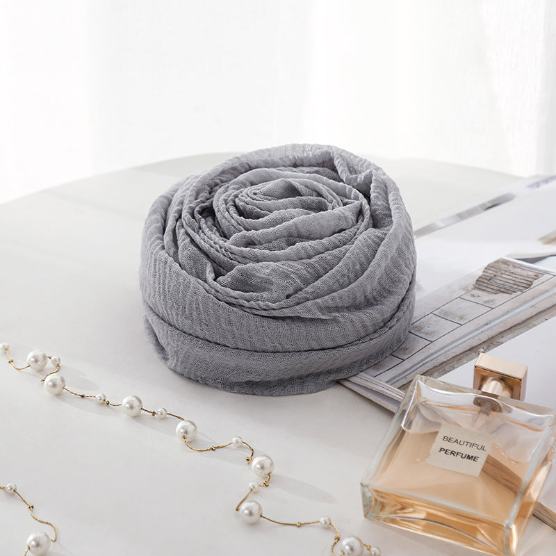 New Korean Style Pleated Solid Color Short Beard Cotton And Linen Scarf Female Muslim Monochrome Scarf Cross-border Hot Sale Air Shawl