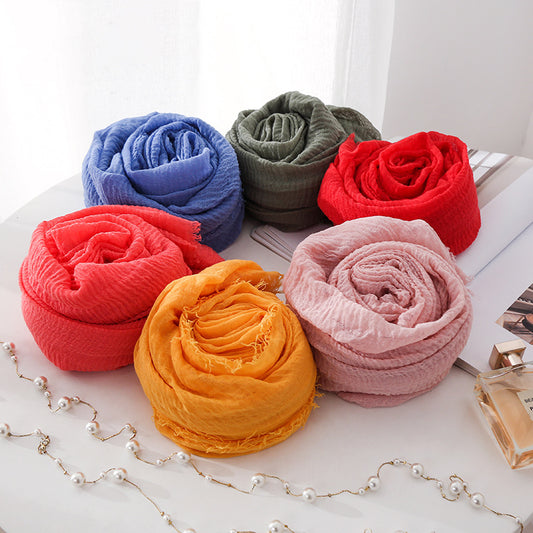 New Korean Style Pleated Solid Color Short Beard Cotton And Linen Scarf Female Muslim Monochrome Scarf Cross-border Hot Sale Air Shawl