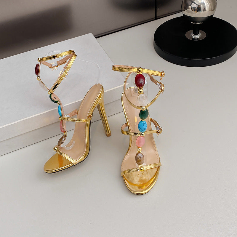 2024 Summer European And American New 11CM Stiletto High Heels Pearl Open Toe Buckle Sandals Women Sexy Elegant