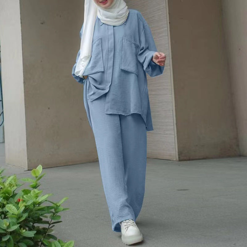 Spot 2023 Cross-border Middle East Muslim Long Sleeve Patch Pocket Hidden Door Tube Dyeing Button Rubber Waist Pants Shirt Set