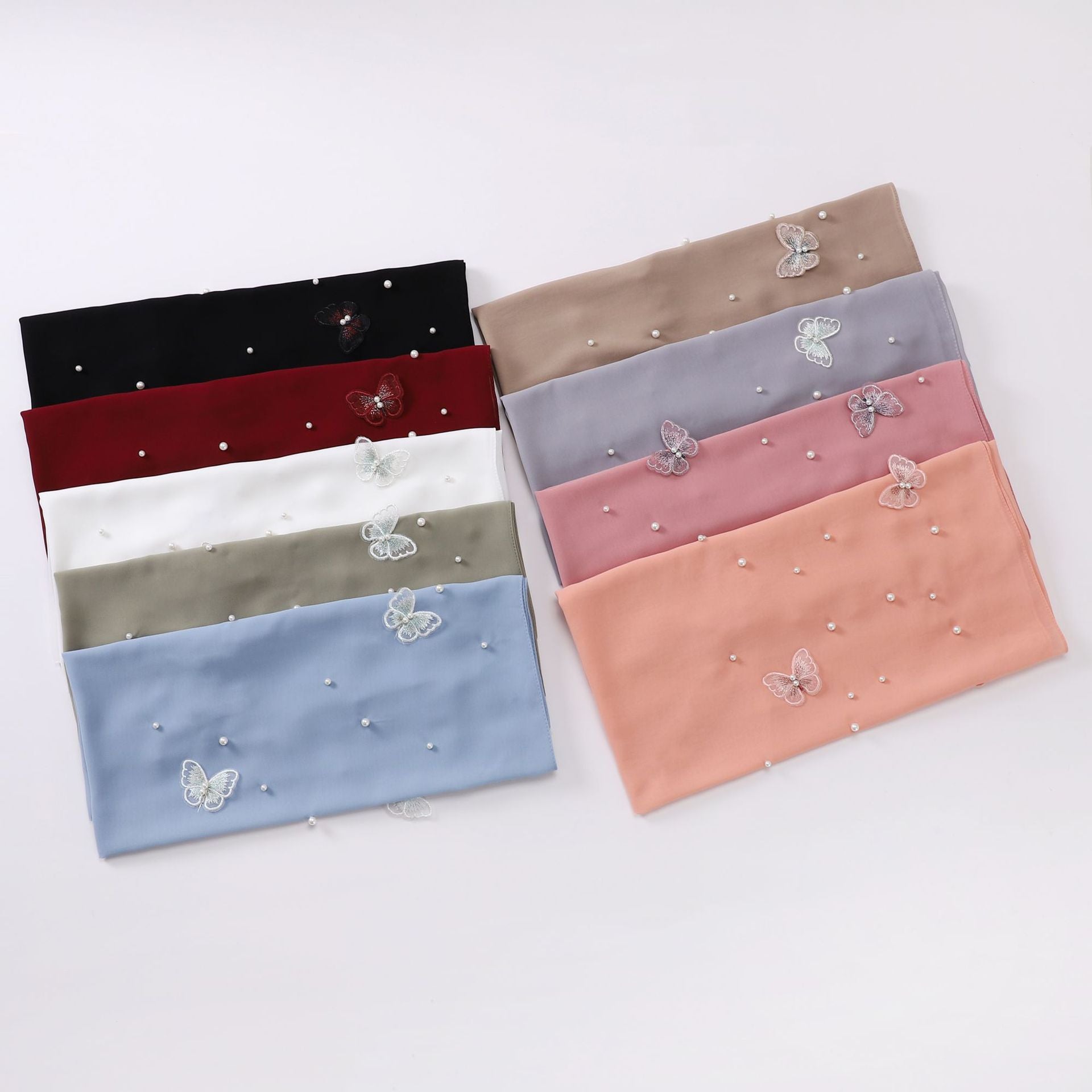 Cross-border Live Broadcast Can Send Pearl Chiffon Three-dimensional Butterfly Flower Nail Bead Scarf Hui Scarf Middle East Saudi Scarf
