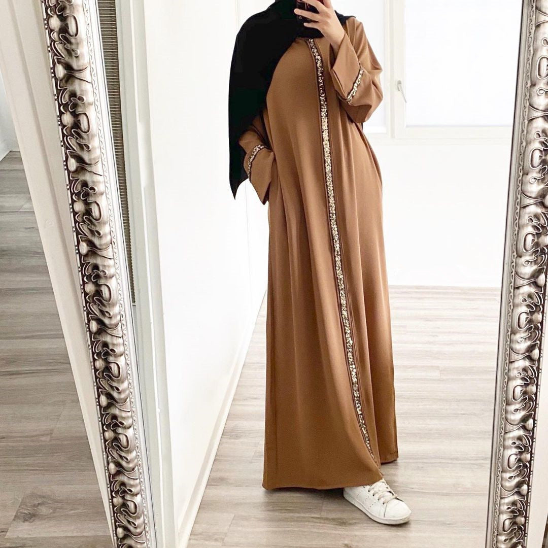 New Southeast Asia Cross-border Muslim Women&#039;s Robe Stitching Trim Sequin Dress Solid Color Chiffon Robe