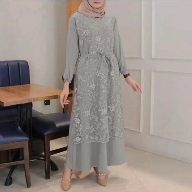 Wish Amazon New Muslim Round Neck Lace Long Sleeve Waist Loose Long Dress Female 9902