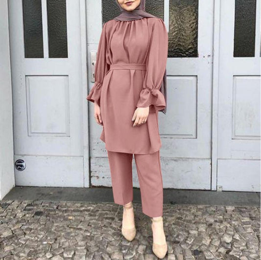 Ladies Summer Solid Color Casual Top And Pants Set