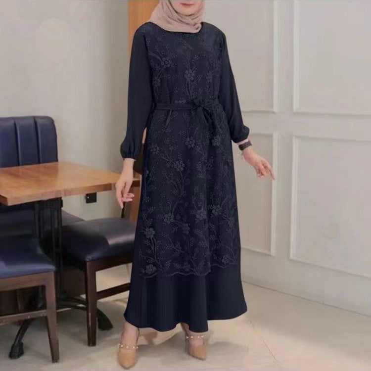 Wish Amazon New Muslim Round Neck Lace Long Sleeve Waist Loose Long Dress Female 9902
