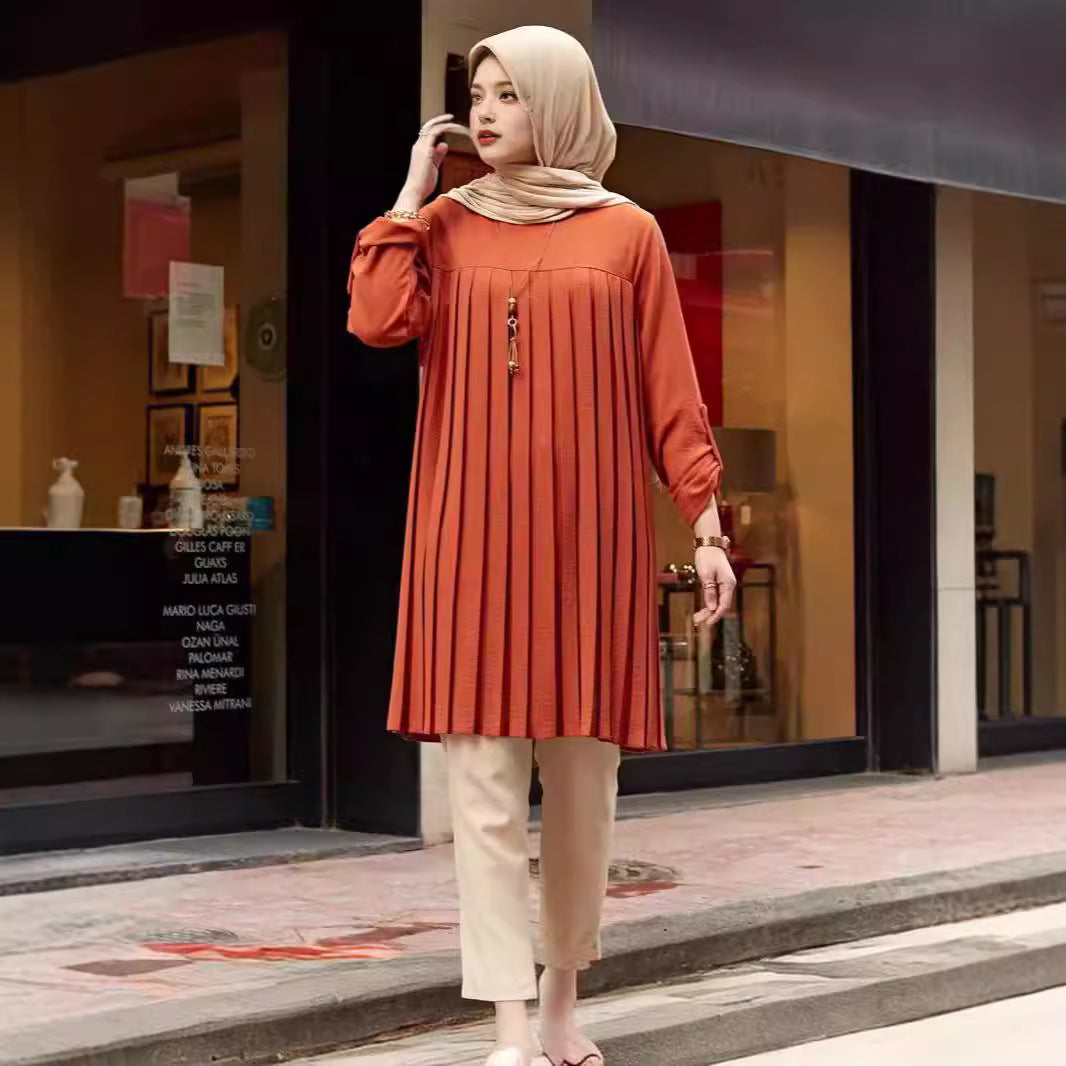 Southeast Asia Cross-border New Products. Middle Eastern Muslim Casual Women Pleated Loose Long Sleeve Round Neck Plus Size Top