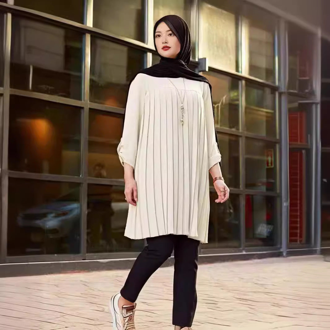 Southeast Asia Cross-border New Products. Middle Eastern Muslim Casual Women Pleated Loose Long Sleeve Round Neck Plus Size Top