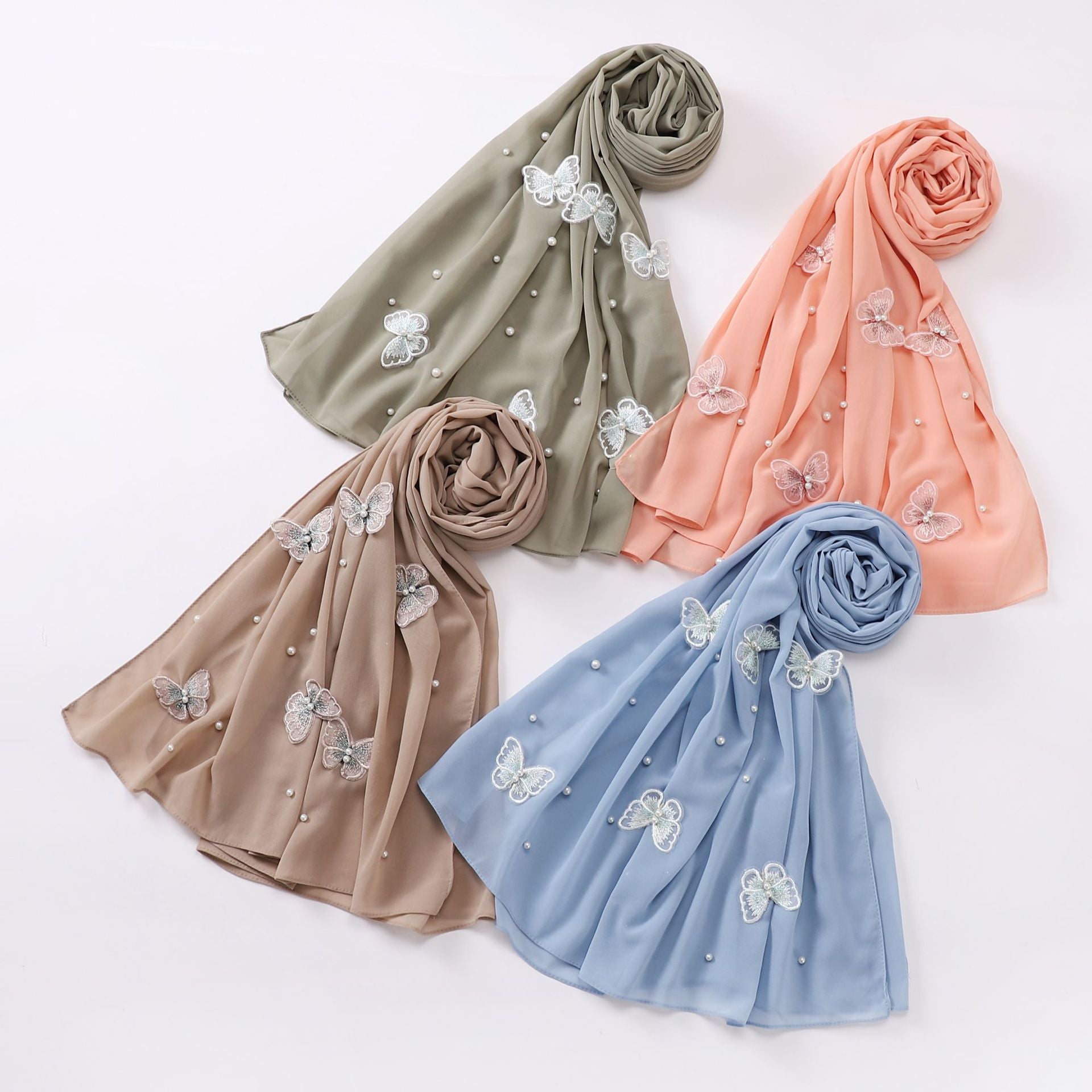 Cross-border Live Broadcast Can Send Pearl Chiffon Three-dimensional Butterfly Flower Nail Bead Scarf Hui Scarf Middle East Saudi Scarf