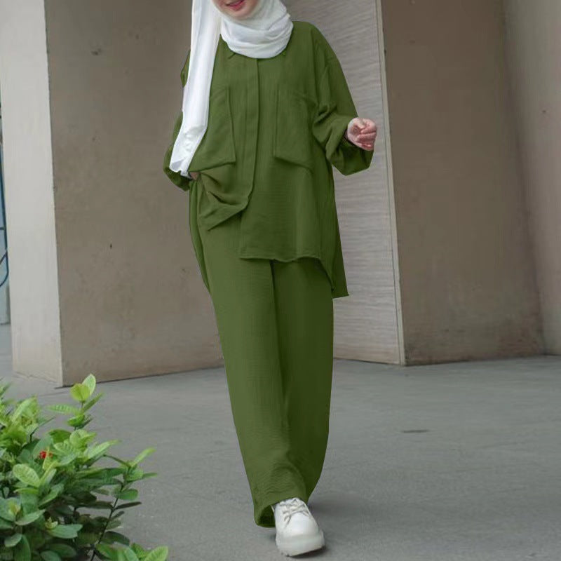 Spot 2023 Cross-border Middle East Muslim Long Sleeve Patch Pocket Hidden Door Tube Dyeing Button Rubber Waist Pants Shirt Set