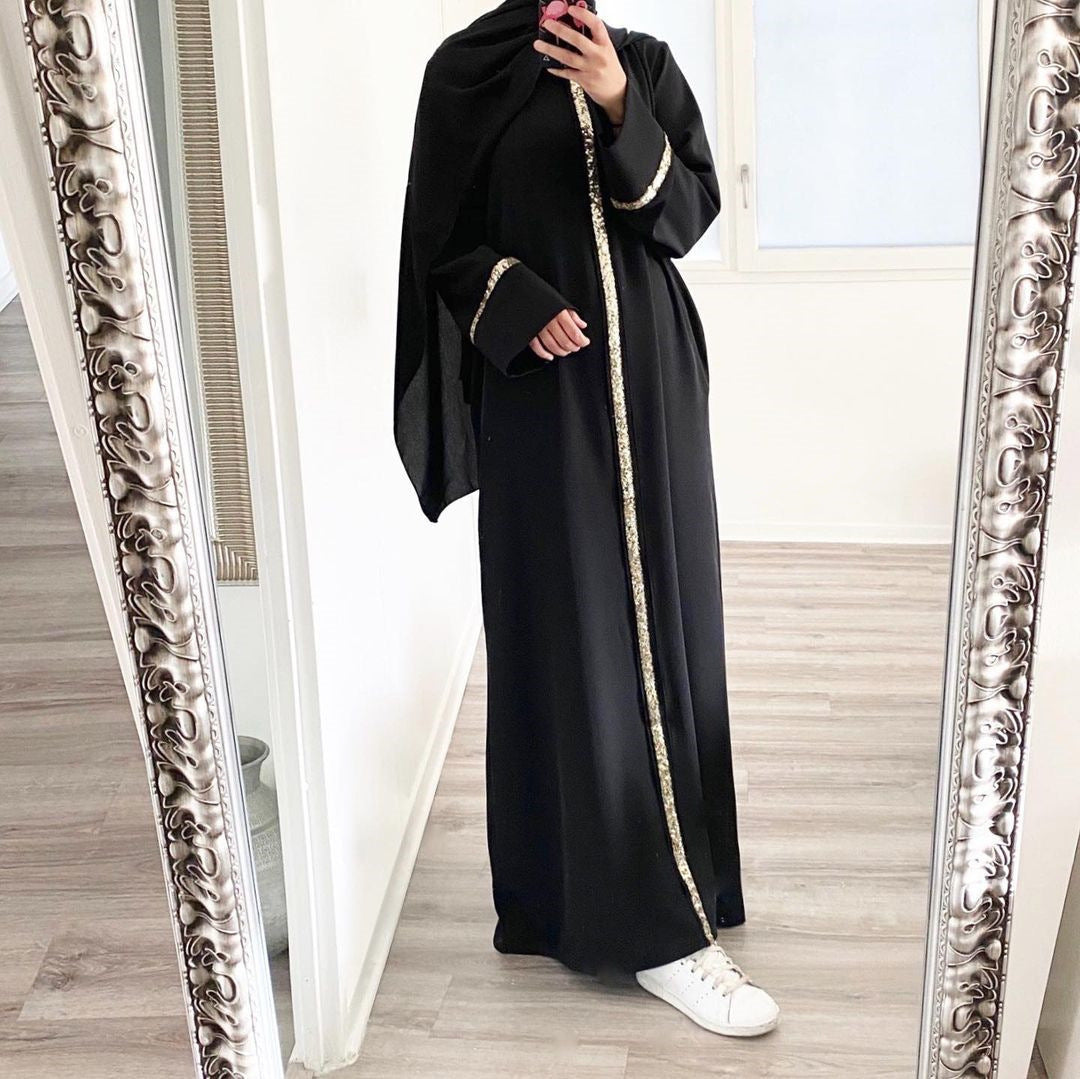 New Southeast Asia Cross-border Muslim Women&#039;s Robe Stitching Trim Sequin Dress Solid Color Chiffon Robe