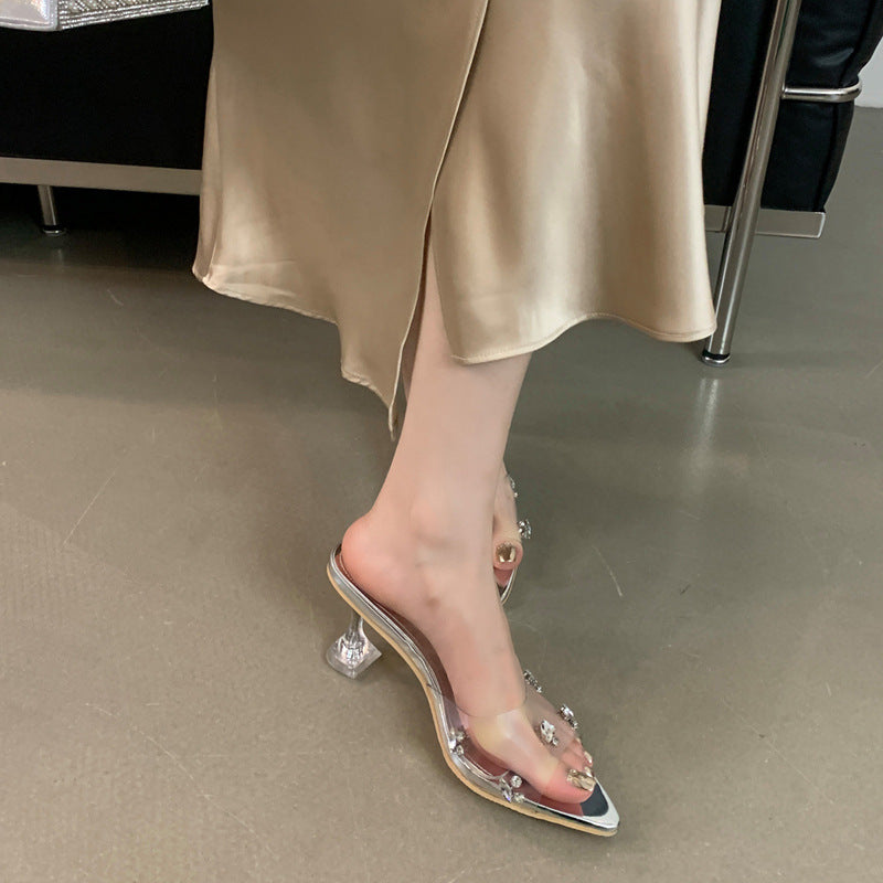 Transparent High Heels 2025 Summer New Korean Style Fashion Rhinestone Crystal Fairy Style Elegant Back Empty Pointed Slippers