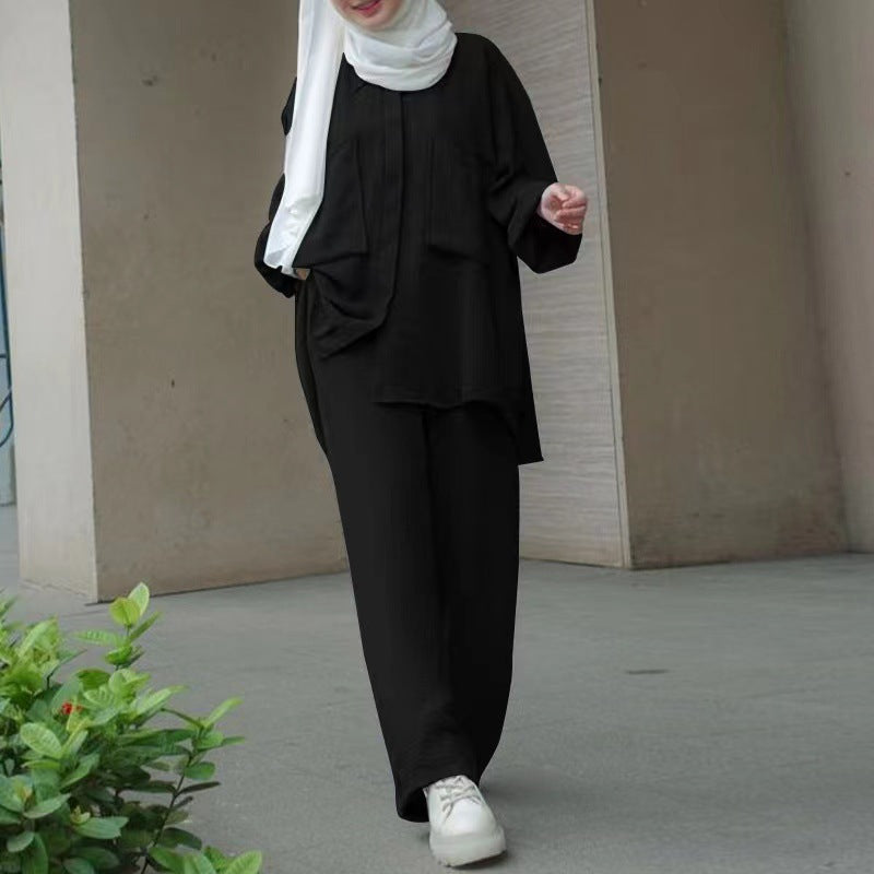 Spot 2023 Cross-border Middle East Muslim Long Sleeve Patch Pocket Hidden Door Tube Dyeing Button Rubber Waist Pants Shirt Set
