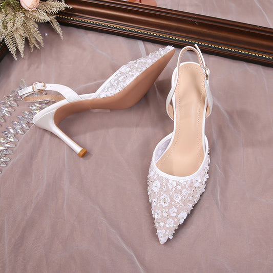 Huidong County 2023 Summer Sequined Front Bag Back Strap High Heel Sandals Women&#039;s French Lace Wedding Party High Heels