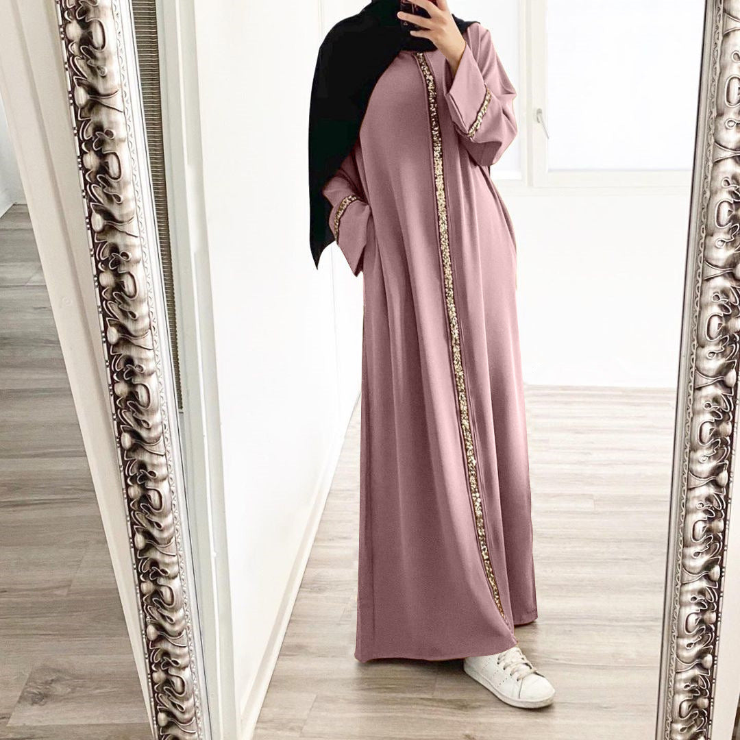 New Southeast Asia Cross-border Muslim Women&#039;s Robe Stitching Trim Sequin Dress Solid Color Chiffon Robe