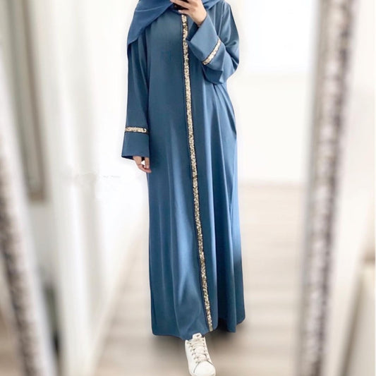 New Southeast Asia Cross-border Muslim Women&#039;s Robe Stitching Trim Sequin Dress Solid Color Chiffon Robe