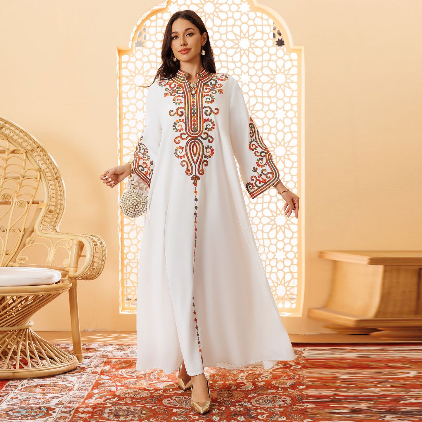 AB417 2024 Autumn And Winter Muslim Fashion Women&#039;s Embroidery Rope Embroidery Middle East Foreign Trade Robe Arab Dress