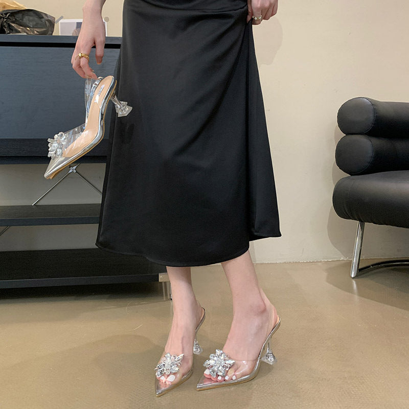 Slip-on Toe Back Empty Wine Glass Heel Sandals 2023 Summer New Arrival Rhinestone Flower Crystal Heel Pointed Heels
