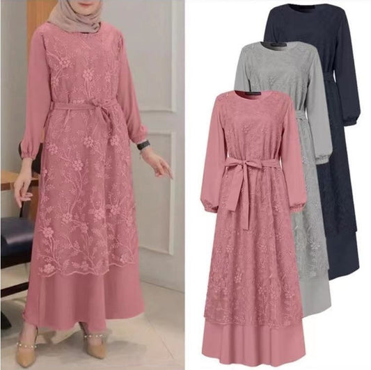 Wish Amazon New Muslim Round Neck Lace Long Sleeve Waist Loose Long Dress Female 9902