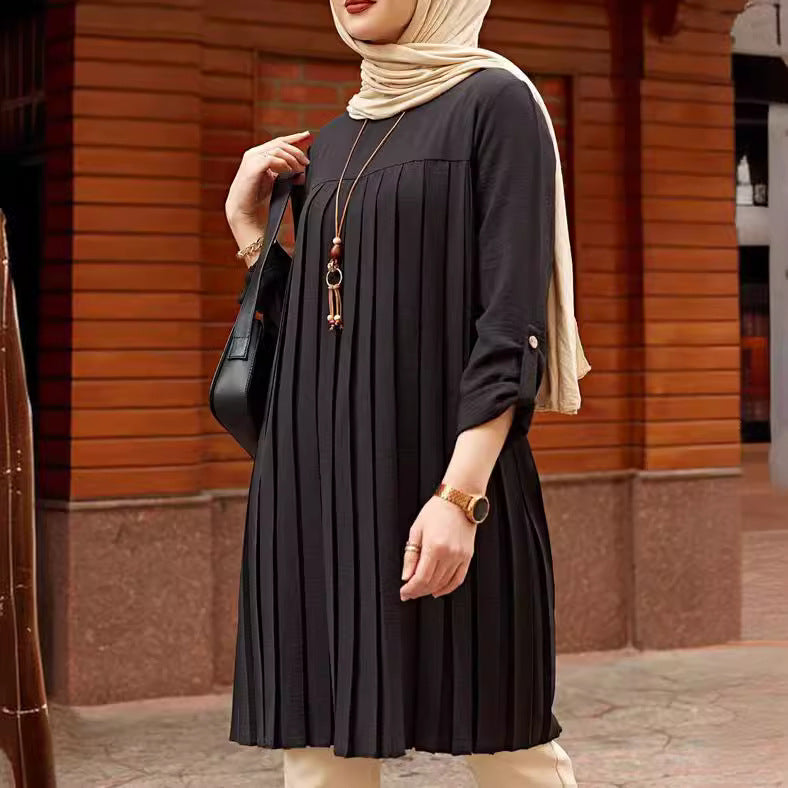 Southeast Asia Cross-border New Products. Middle Eastern Muslim Casual Women Pleated Loose Long Sleeve Round Neck Plus Size Top