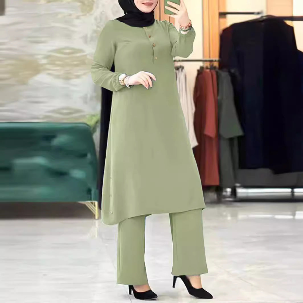 Quality 2023 New Middle Eastern Muslim Solid Color Long Sleeve Side Seam Decorative Wooden Buckle Rubber Waist Women Suit In Stock