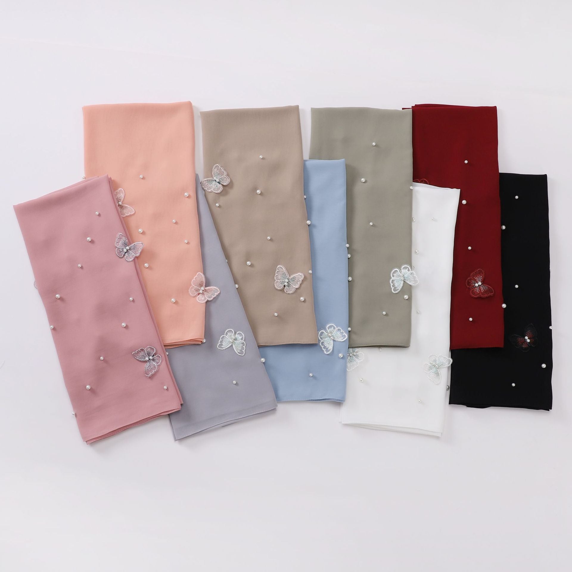 Cross-border Live Broadcast Can Send Pearl Chiffon Three-dimensional Butterfly Flower Nail Bead Scarf Hui Scarf Middle East Saudi Scarf