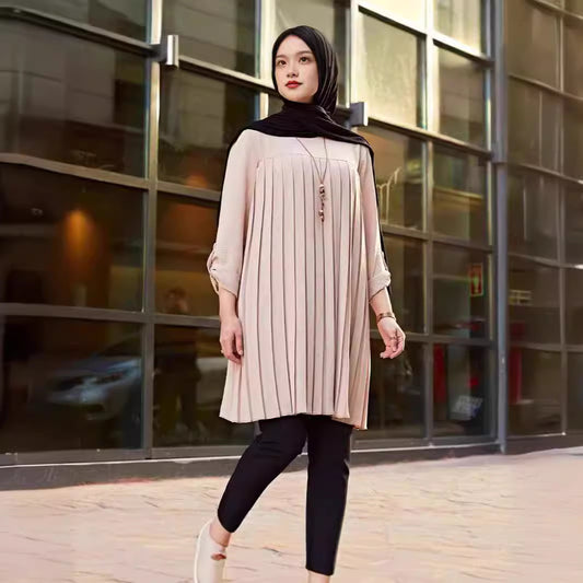 Southeast Asia Cross-border New Products. Middle Eastern Muslim Casual Women Pleated Loose Long Sleeve Round Neck Plus Size Top