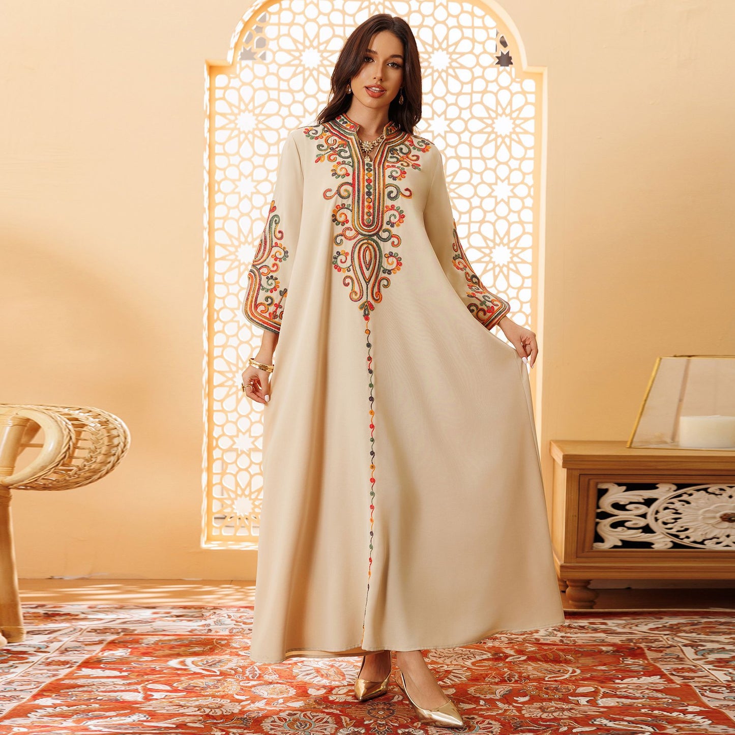 AB417 2024 Autumn And Winter Muslim Fashion Women&#039;s Embroidery Rope Embroidery Middle East Foreign Trade Robe Arab Dress
