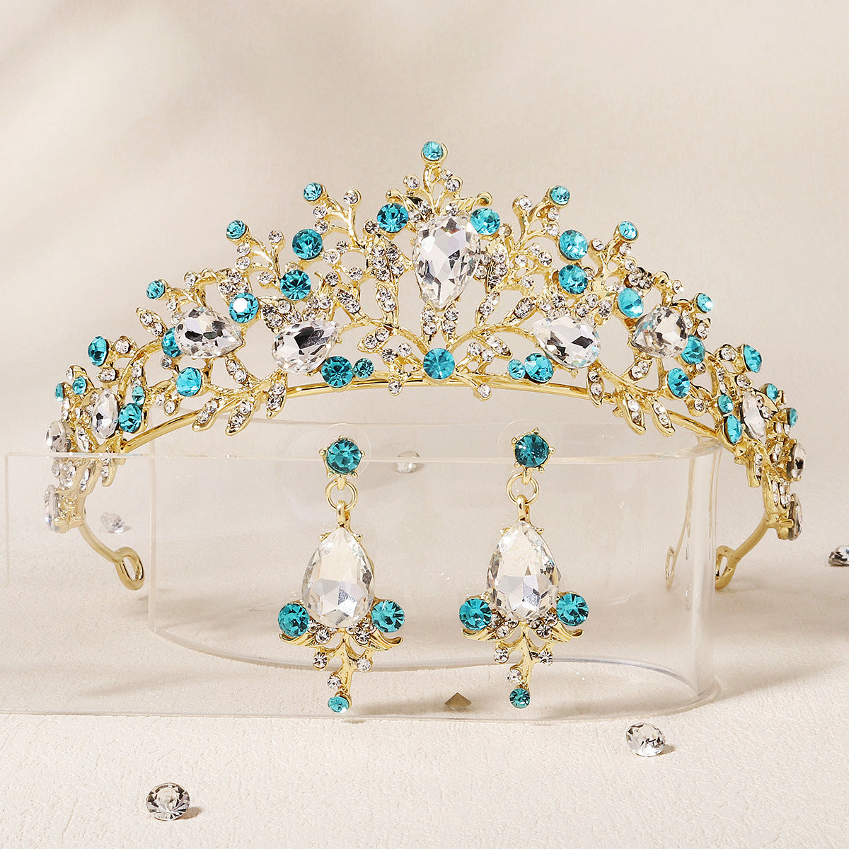 New Bride Jewelry Two-piece Crown Princess Birthday Adult Gift Hair Accessories Crystal Earrings Crown Set