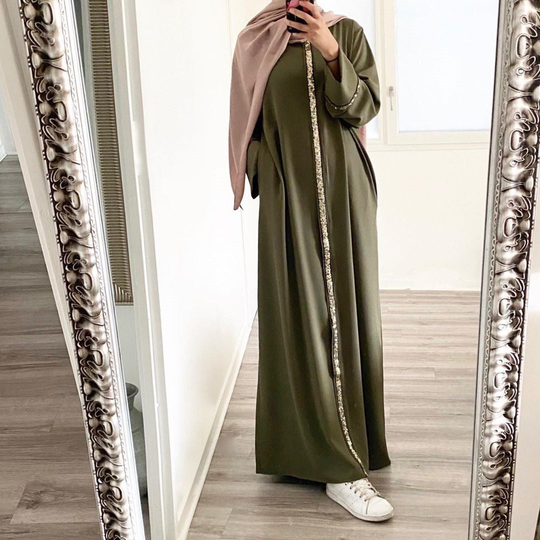 New Southeast Asia Cross-border Muslim Women&#039;s Robe Stitching Trim Sequin Dress Solid Color Chiffon Robe