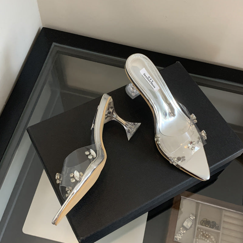 Transparent High Heels 2025 Summer New Korean Style Fashion Rhinestone Crystal Fairy Style Elegant Back Empty Pointed Slippers